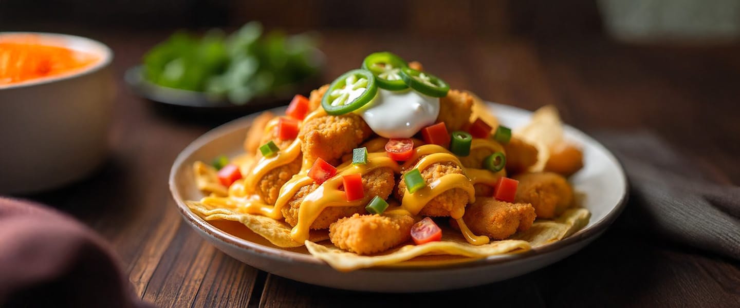 Receta de nachos con nuggets de pollo, queso derretido y jalapeños